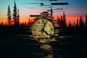 un Immagine di un' orologio nel il mezzo di un' foresta generativo ai foto