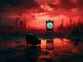 un Immagine di un' orologio seduta nel il mezzo di un' palude generativo ai foto