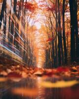 un Immagine di un' strada con alberi nel il sfondo generativo ai foto