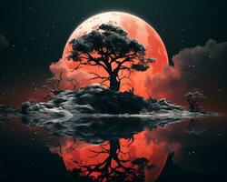 un Immagine di un' rosso Luna con un' albero su esso generativo ai foto