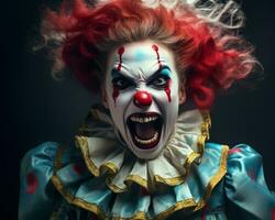 un Immagine di un' pauroso clown con rosso capelli generativo ai foto