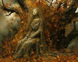 un Immagine di un' donna seduta sotto un' albero nel autunno generativo ai foto