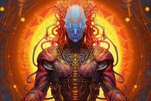 un Immagine di un alieno con blu pelle e rosso occhi generativo ai foto