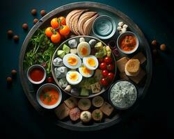 un Immagine di un assortimento di cibo su un' piatto generativo ai foto