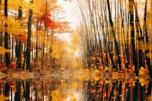 un Immagine di un autunno foresta con alberi riflessa nel il acqua generativo ai foto