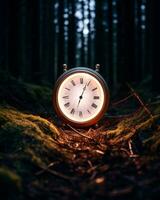 un vecchio orologio seduta nel il mezzo di un' foresta generativo ai foto