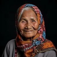 un vecchio donna con un' colorato sciarpa su sua testa generativo ai foto