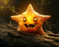 un arancia stella con raggiante occhi seduta su un' roccia generativo ai foto
