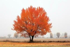 un arancia albero nel il mezzo di un' nebbioso campo generativo ai foto