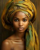 bellissimo africano donna indossare un' turbante e orecchini generativo ai foto