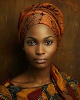 bellissimo africano donna indossare un' turbante generativo ai foto