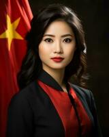 bellissimo asiatico donna con Cinese bandiera nel davanti di nero sfondo generativo ai foto