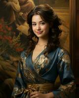 bellissimo asiatico donna nel orientale vestito in posa nel davanti di un' pittura generativo ai foto