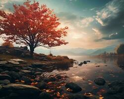 bellissimo autunno albero su il riva di un' lago con rocce e acqua generativo ai foto