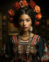 bellissimo messicano donna nel tradizionale vestito con fiori nel sua capelli generativo ai foto