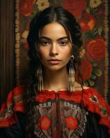 bellissimo messicano donna nel tradizionale vestito generativo ai foto