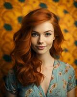 bellissimo testa Rossa donna con lungo ondulato capelli su giallo sfondo generativo ai foto