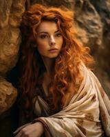 bellissimo rosso dai capelli donna con lungo rosso capelli in posa nel davanti di rocce generativo ai foto