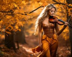 bellissimo donna nel arancia vestito giocando violino nel autunno foresta generativo ai foto