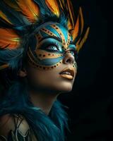 bellissimo donna con colorato piume su sua viso generativo ai foto