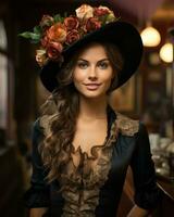 bellissimo donna indossare un' cappello con fiori su sua testa generativo ai foto