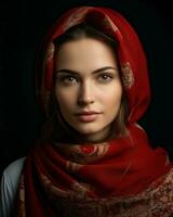 bellissimo giovane donna nel un' rosso scialle guardare a il telecamera generativo ai foto