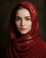 bellissimo giovane donna nel un' rosso foulard generativo ai foto