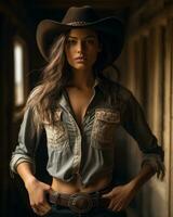 bellissimo giovane donna nel cowboy camicia e jeans in piedi nel un vecchio fienile generativo ai foto