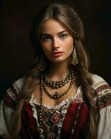 bellissimo giovane donna nel tradizionale russo capi di abbigliamento generativo ai foto