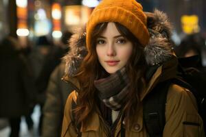 bellissimo giovane donna nel inverno cappotto e cappello su il strada generativo ai foto