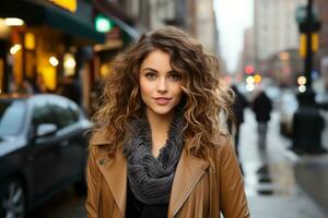 bellissimo giovane donna con Riccio capelli nel un' città strada generativo ai foto