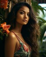 bellissimo giovane donna con lungo capelli in posa nel davanti di tropicale fiori generativo ai foto