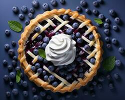 mirtillo torta con frustato crema e menta le foglie su un' blu sfondo generativo ai foto