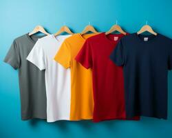 cinque diverso colorato t - camicie sospeso su Abiti grucce generativo ai foto