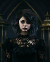 Gotico Gotico donna con buio trucco e nero vestito generativo ai foto