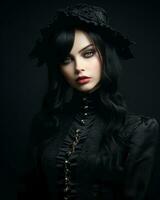 Gotico donna nel nero vestito e cappello su buio sfondo generativo ai foto