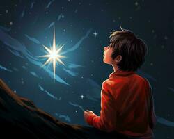 illustrazione di un' ragazzo guardare su a il stella generativo ai foto