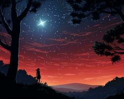 illustrazione di un' uomo guardare a un' stella nel il notte cielo generativo ai foto