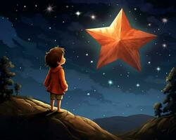 poco ragazzo guardare su a un' stella nel il notte cielo generativo ai foto