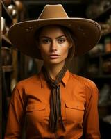 ritratto di un' bellissimo donna nel un' cowboy cappello generativo ai foto