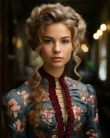 ritratto di un' bellissimo giovane donna nel un' Vintage ▾ vestito generativo ai foto