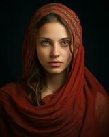 ritratto di un' bellissimo giovane donna nel un' rosso scialle generativo ai foto