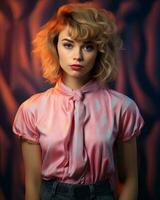 ritratto di un' bellissimo giovane donna nel rosa camicetta e jeans generativo ai foto