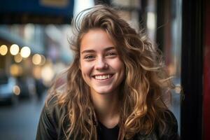 ritratto di un' bellissimo giovane donna sorridente nel il città generativo ai foto