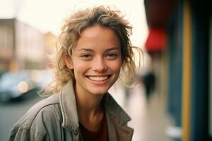 ritratto di un' bellissimo giovane donna sorridente su il strada generativo ai foto