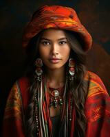 ritratto di un' bellissimo giovane donna indossare un' colorato cappello e orecchini generativo ai foto