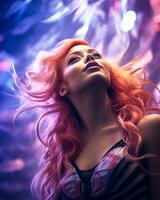 ritratto di un' bellissimo giovane donna con luminosa rosso capelli generativo ai foto