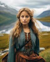 ritratto di un' bellissimo giovane donna con lungo capelli in piedi nel davanti di un' lago nel Norvegia generativo ai foto