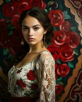 ritratto di un' bellissimo giovane donna con rosso Rose su il parete generativo ai foto