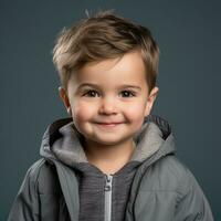 ritratto di un' carino poco ragazzo indossare un' grigio giacca su un' buio sfondo generativo ai foto